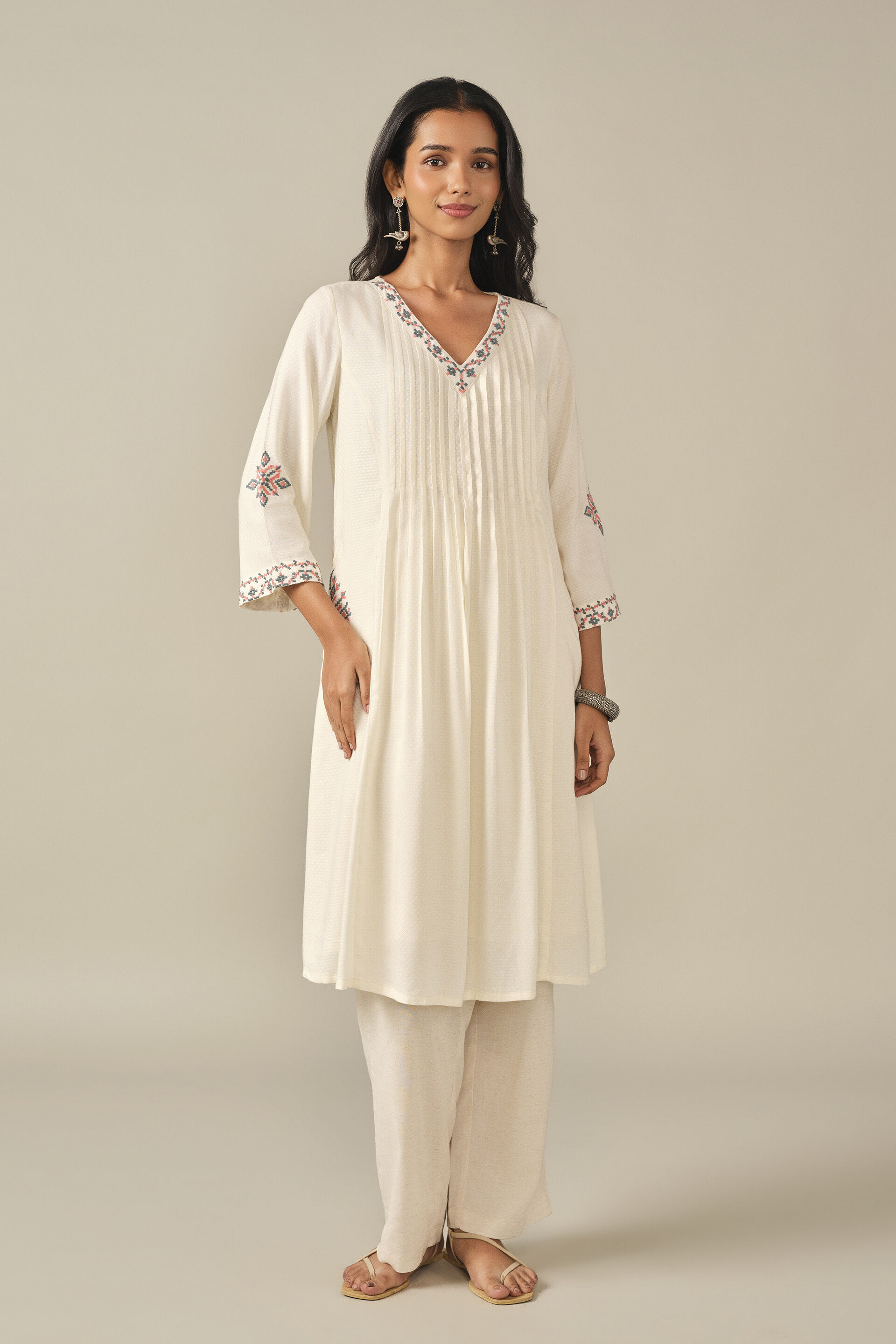 A-Line Embroidered Kurta in White, White, image 3